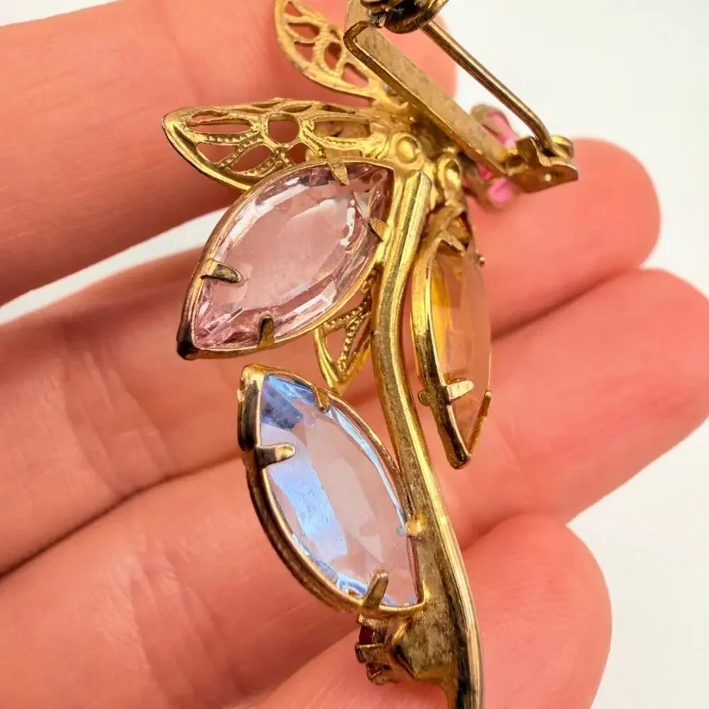 Vtg MCM 1960s Flower Stem Prong Set filigree Multi Color Pastel Brooch Gold Tone